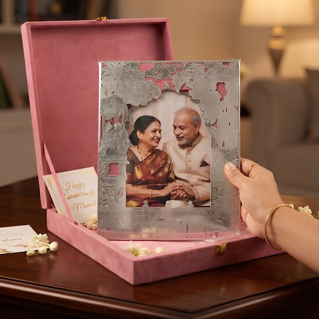 Silver Plated Ornate Designer Photo Frame with Pink Velvet Gift Box