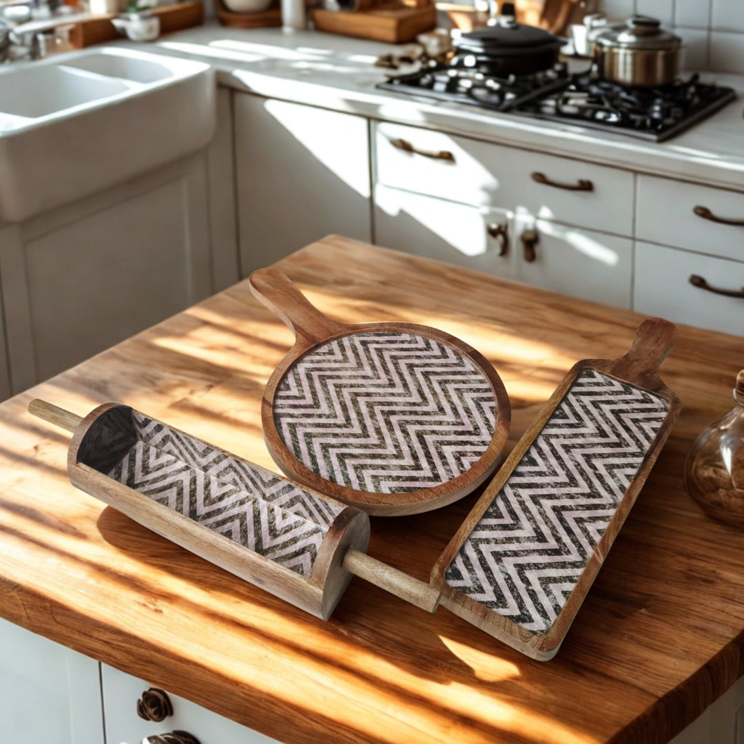 Chevron print & enameled Wooden Khatiya Platter Set of 3 - belan platter , bat platter , pizza platter