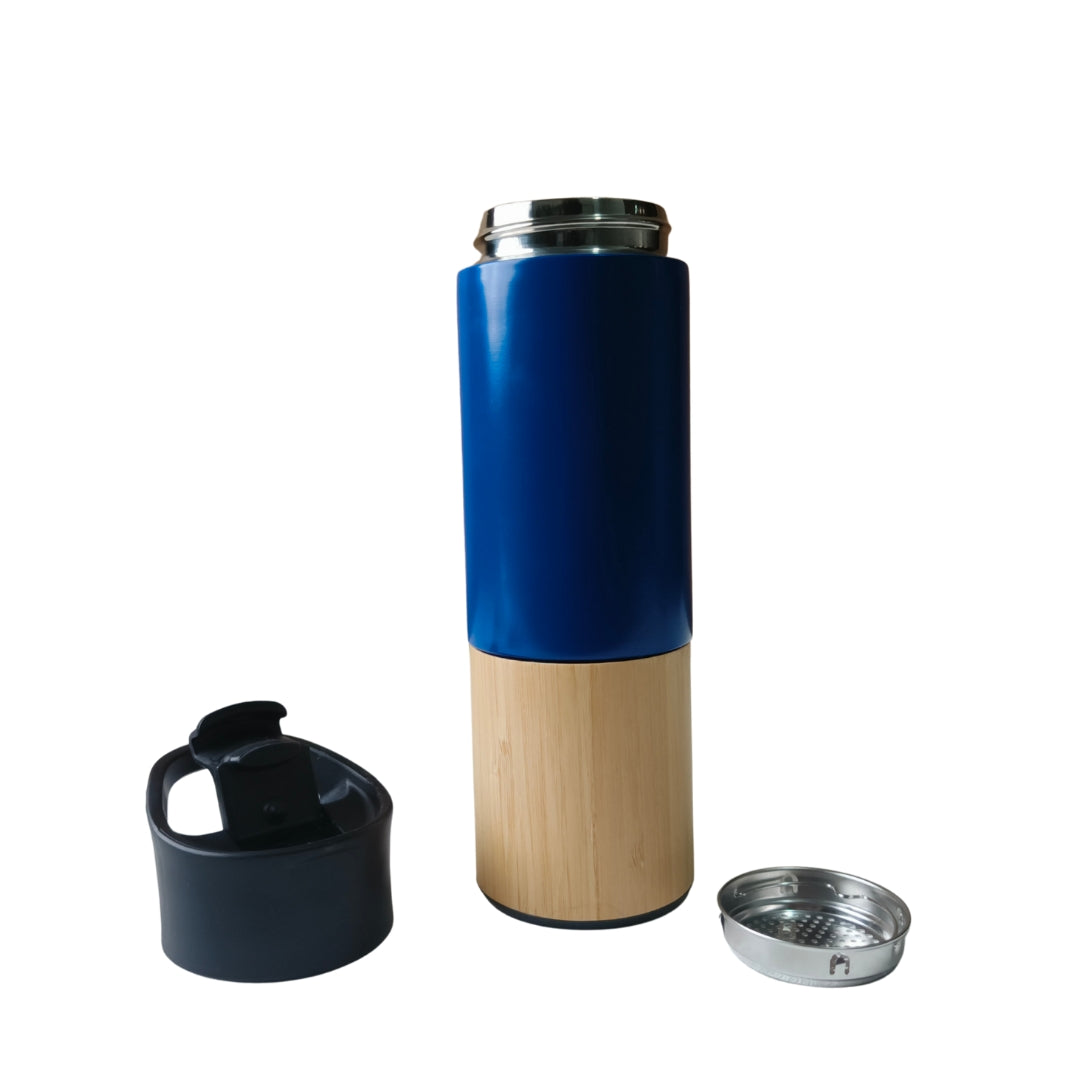Blue Stainless Steel Sipper With Bamboo Base