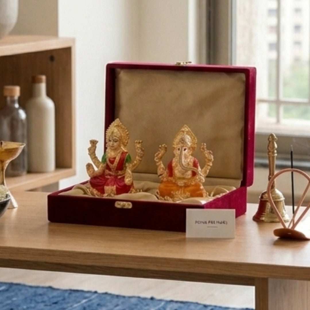 Divine Lakshmi Ganesha Idol Set – 24K Gold-Plated Laxmi Ganesh Murti on Lotus Base for Diwali Pooja, Home Mandir & Wealth Prosperity (Pair of 2, Gold & Meenakari Finish)
