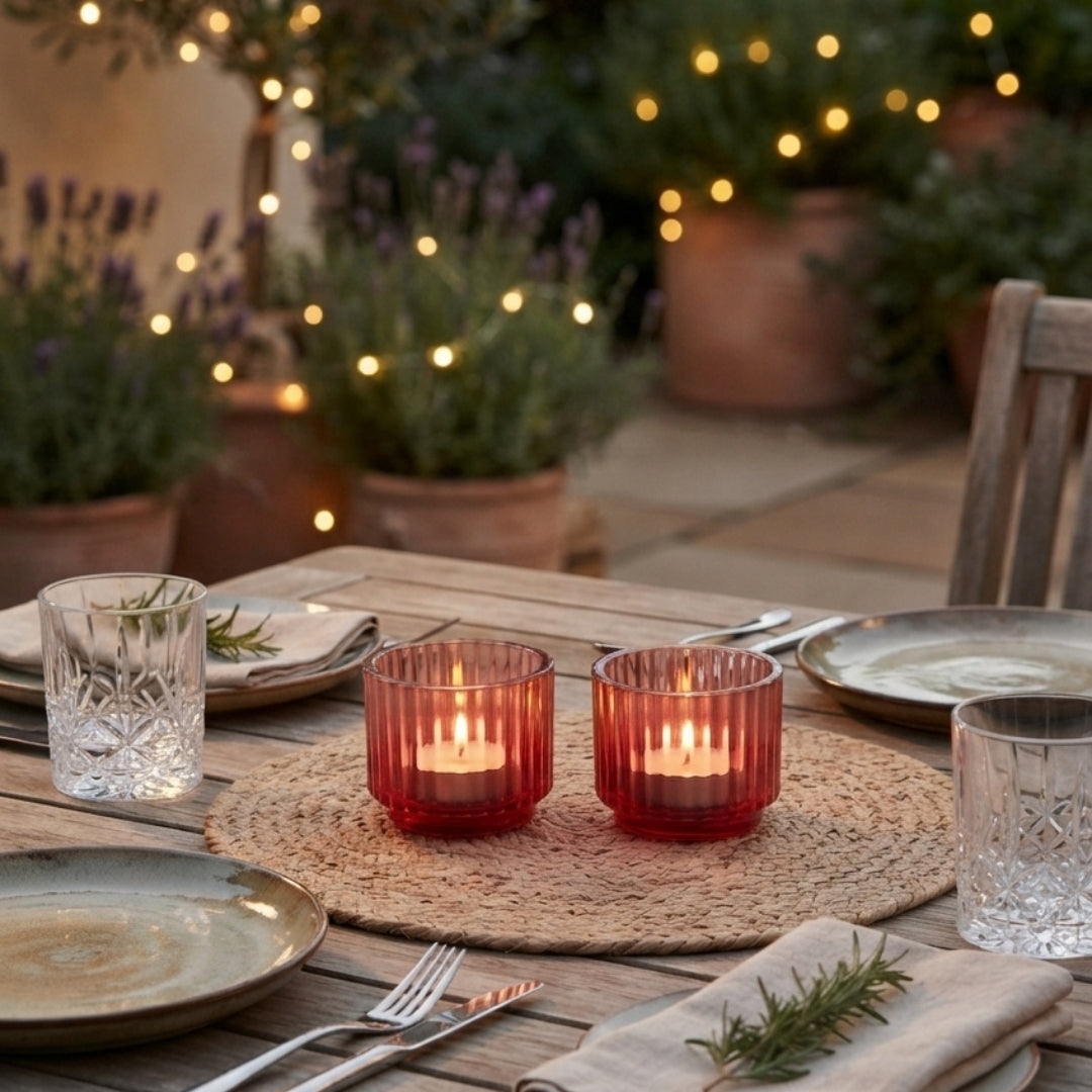 Set of 2 Red/Peach Ribbed Glass Tea Light Holders