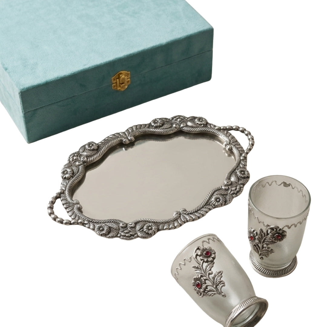 Silver Plated Tray and Glass Set of 2 with Turquoise Velvet Box for Gifting