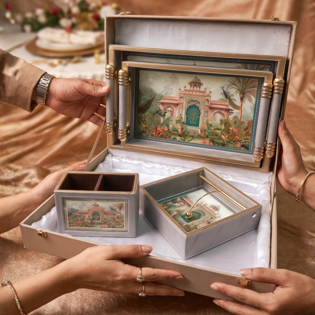 Luxury Peacock Leatherette Serving Tray Set of 2 with Tissue & Cutlery Holder