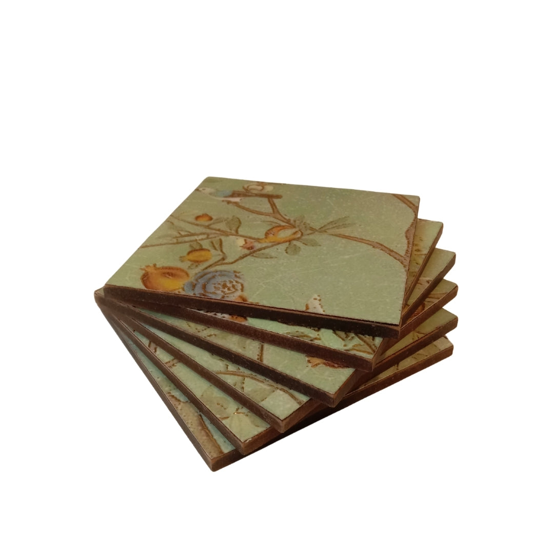 Table Coaster - green peacock & bird print & enamel set of 6