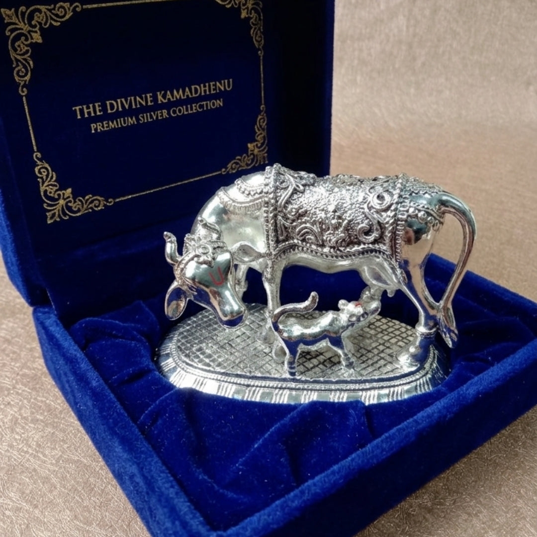The Home Co- 999 Pure Silver Plated Kamdhenu Divine Om Cow and Calf Idol- 4.5"