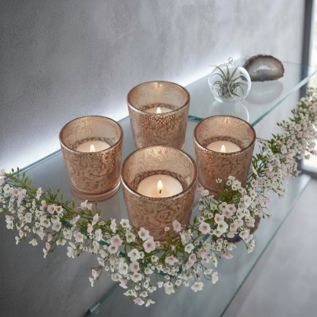 Etched Orange Glass Votive Candle Holders - Elegant Small Set of 4