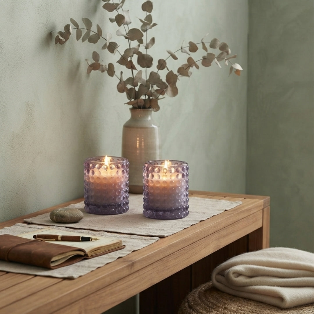 Purple Dotted Glass Votive Candle Holders - Scented Wax Set (Set of 2)