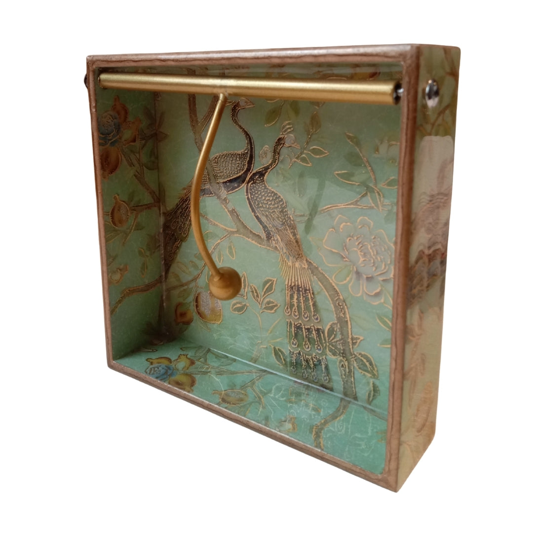 Square tissueholder - Wooden green peacock & bird Design Print & Enamel