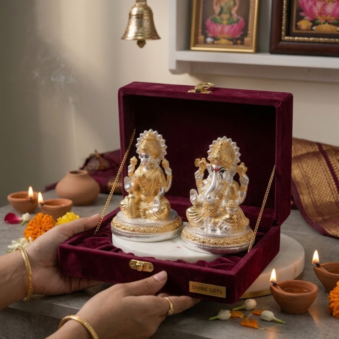 The Home Co- 999 Pure Silver & 24K Gold Plated Lakshmi & Ganesha Fiber Idols(small gold & silver)(small)