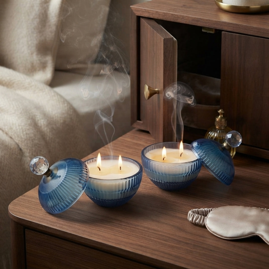 Set of 2 Small Blue Glass Ball-Shaped Scented Candles with Gold Bow Lids