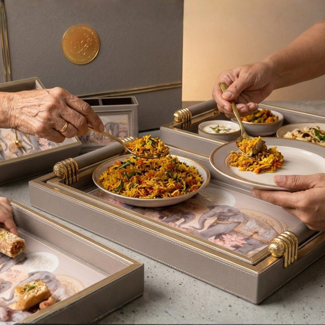Royal Elephant Leatherette Serving Tray Set of 2 with Tissue & Cutlery Holder
