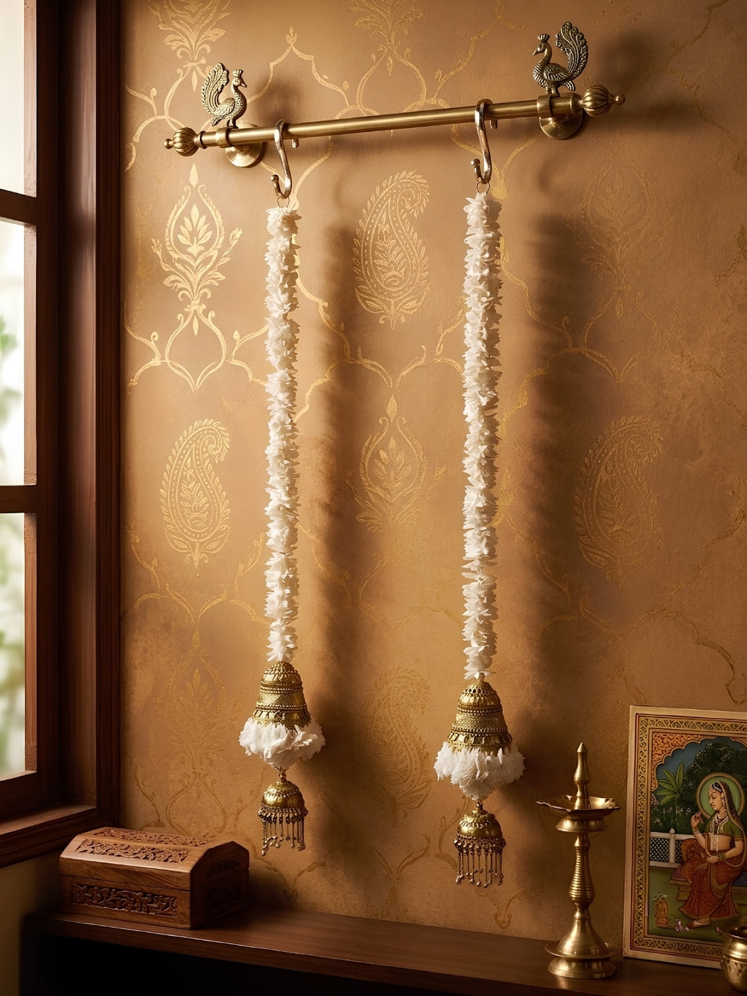 Artificial White gajra with metal cone sidehanging set of 2 - Small