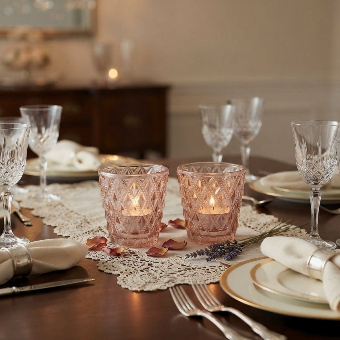 Set of 2 Peach Diamond-Cut Glass Tea Light Votive Holders