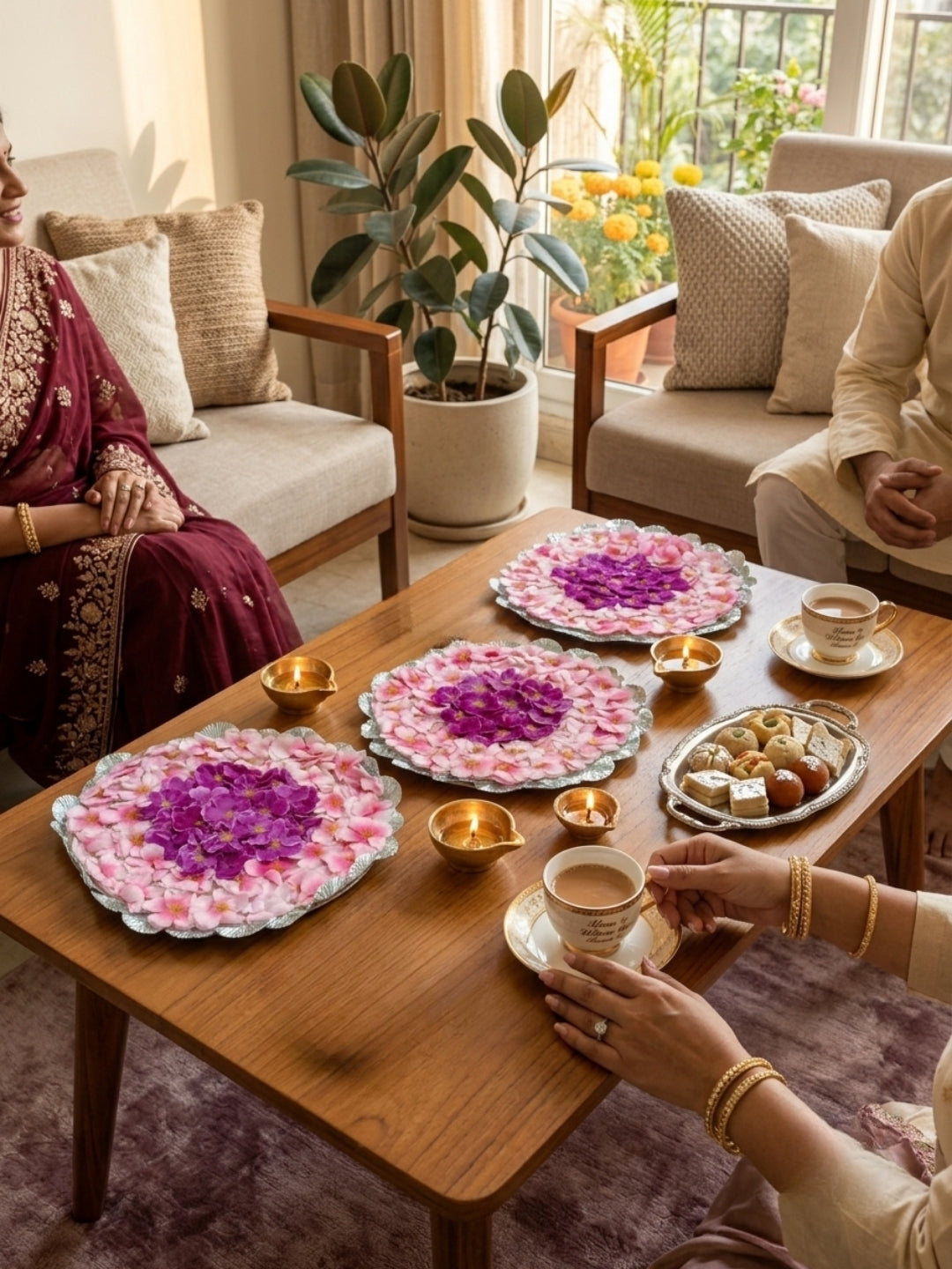 Handmade Pink & Purple Floral Puja Asan Mat / rangolis Set of 3
