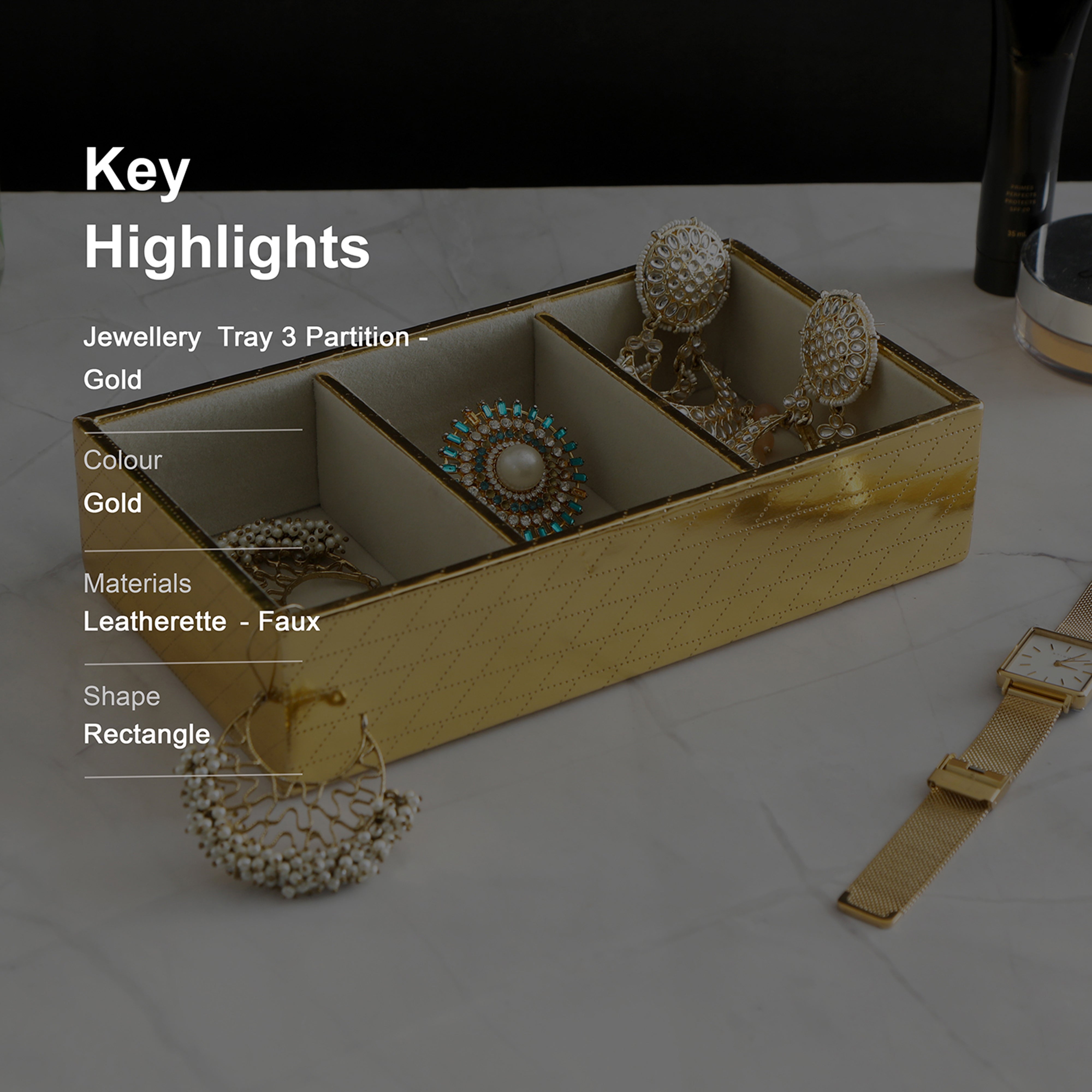 Leatherette Jewellery Tray 3 Partition - Gold