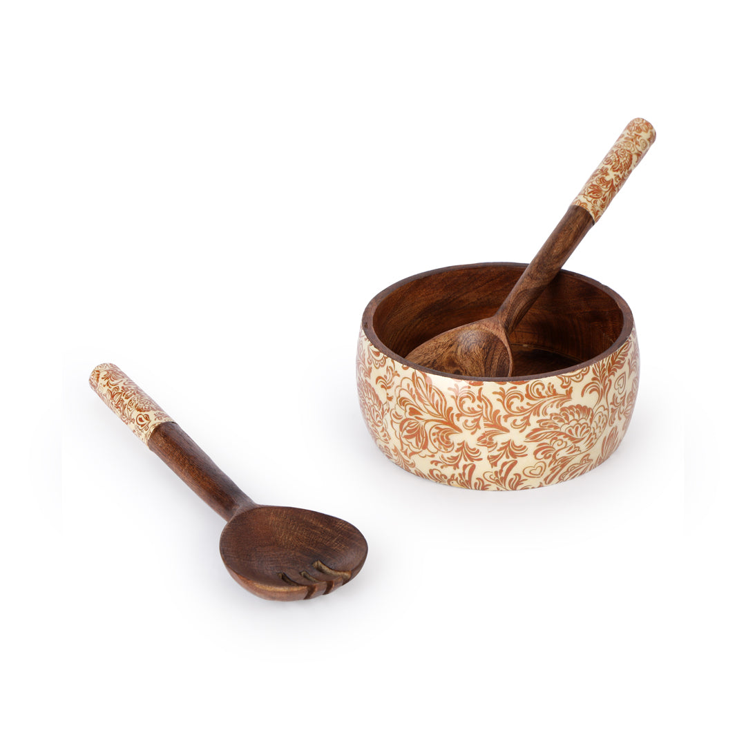 Wooden Cream Paisley Print & Enamel Salad Bowl