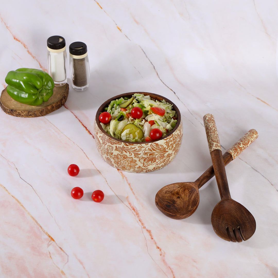 Wooden Cream Paisley Print & Enamel Salad Bowl
