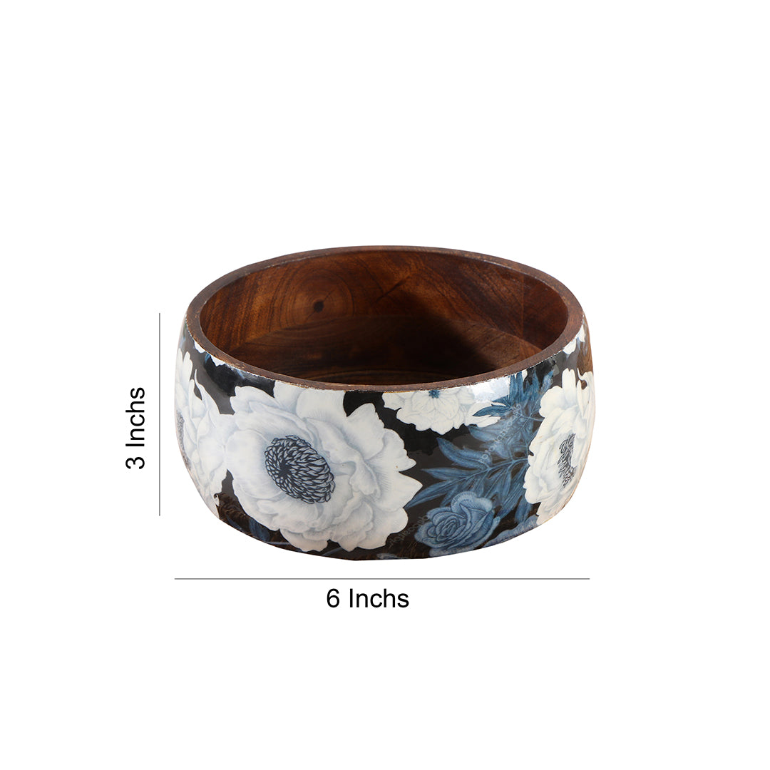 Wooden Grey Floral Print & Enamel Salad Bowl