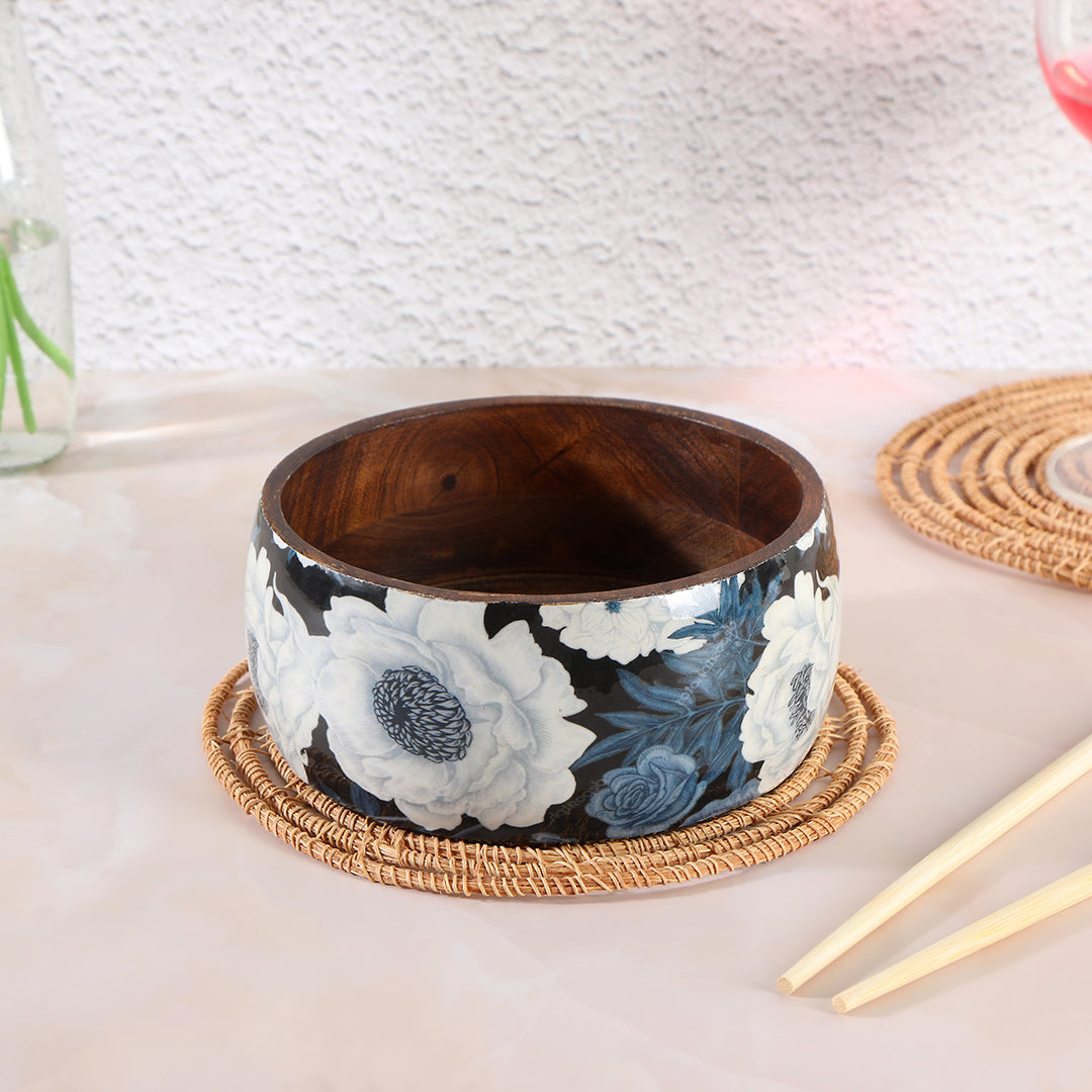 Wooden Grey Floral Print & Enamel Salad Bowl
