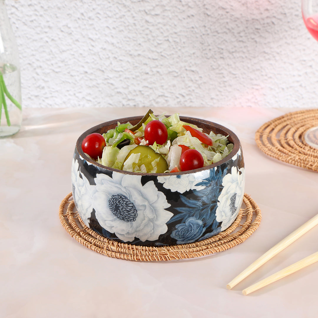 Wooden Grey Floral Print & Enamel Salad Bowl