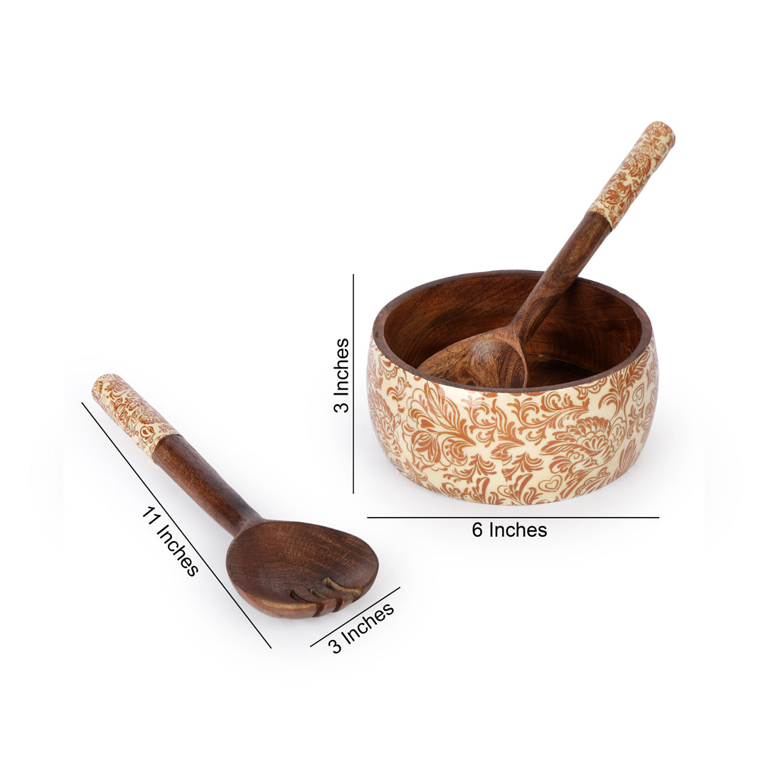 Wooden Cream Paisley Print & Enamel Salad Bowl
