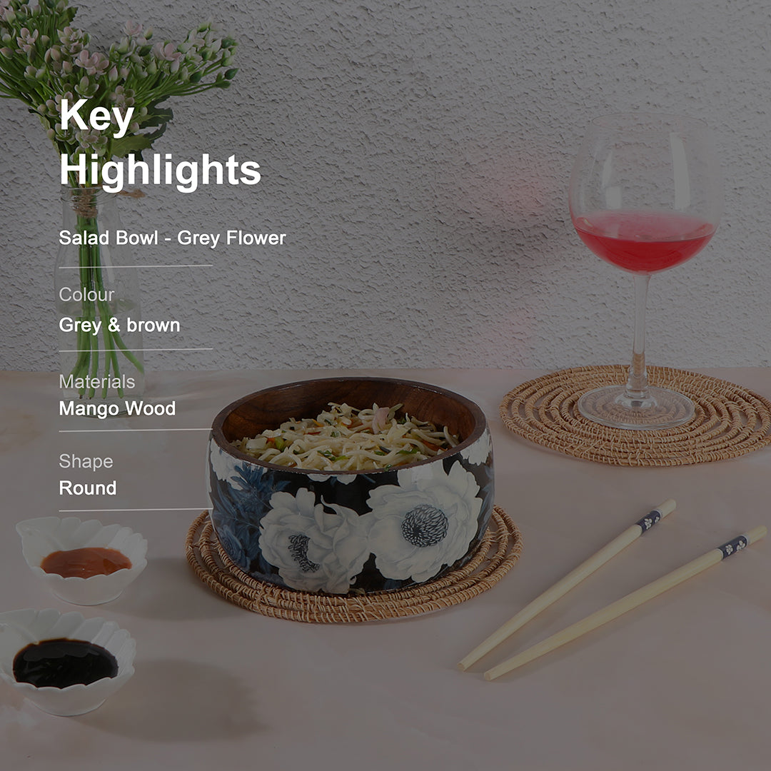 Wooden Grey Floral Print & Enamel Salad Bowl
