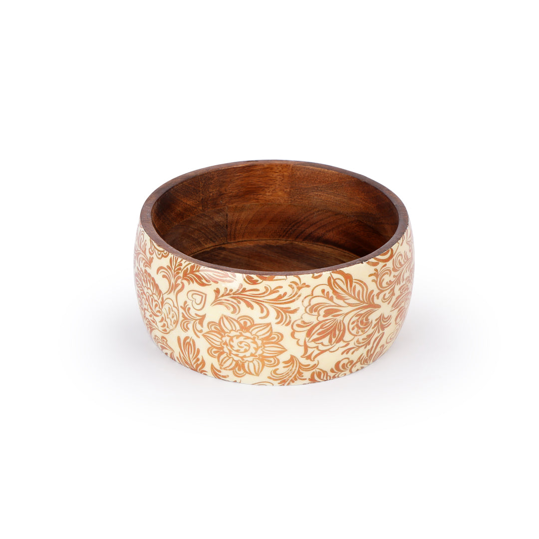 Wooden Cream Paisley Print & Enamel Salad Bowl
