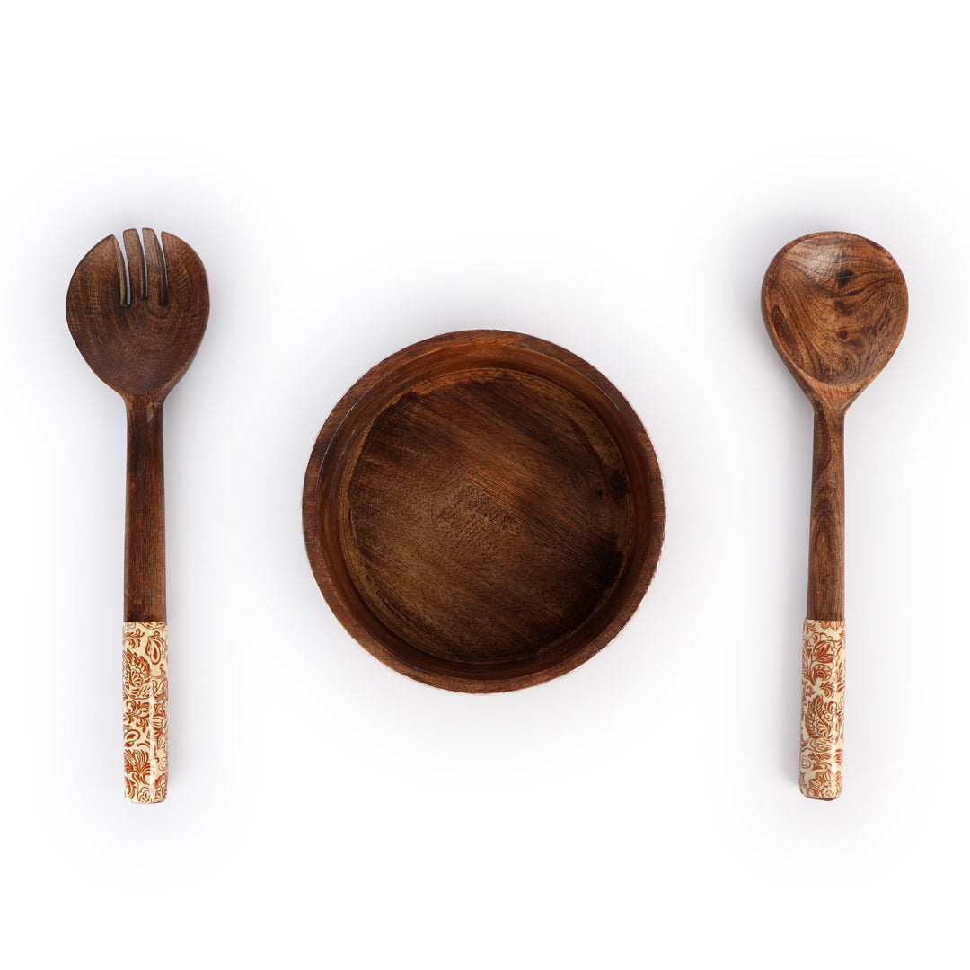 Wooden Cream Paisley Print & Enamel Salad Bowl