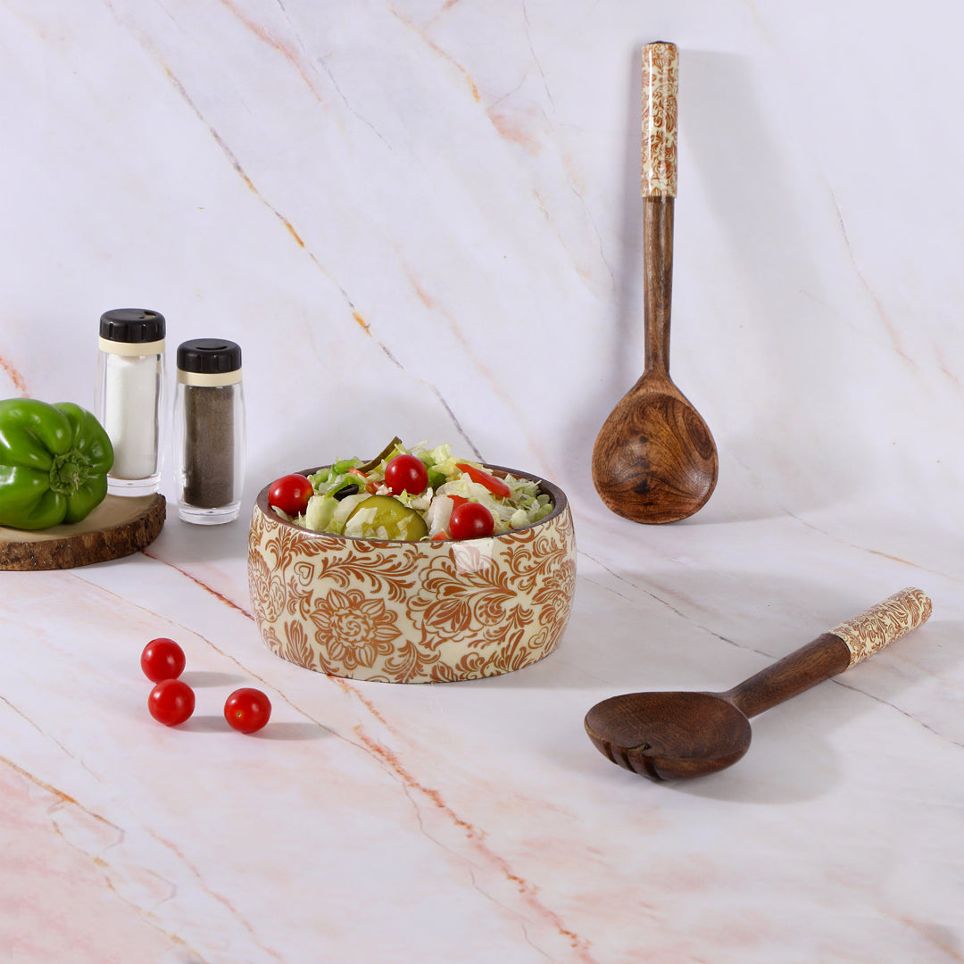 Wooden Cream Paisley Print & Enamel Salad Bowl