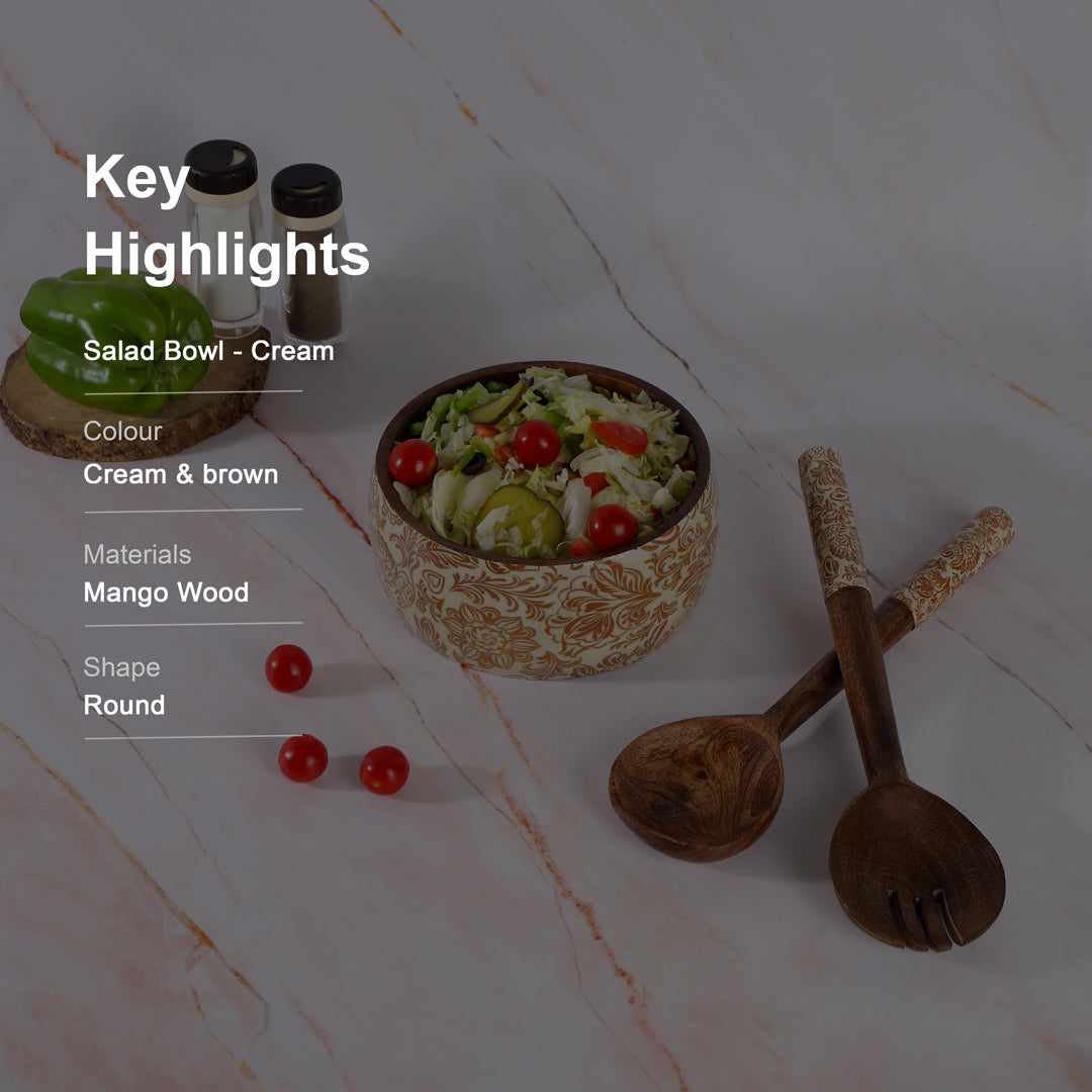 Wooden Cream Paisley Print & Enamel Salad Bowl