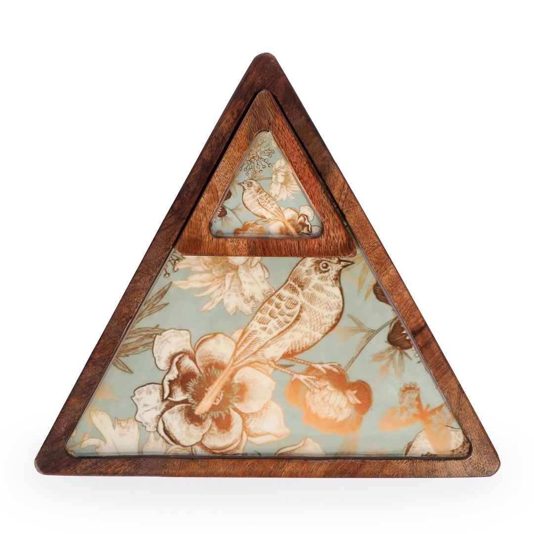 Wooden Grey bird print & Enameled Triangle Shape Platter