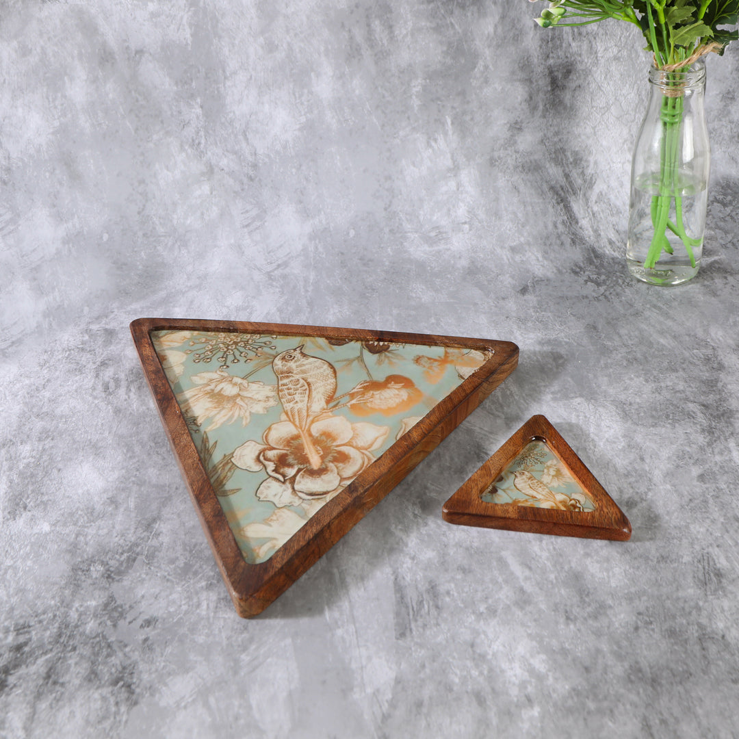 Wooden Grey bird print & Enameled Triangle Shape Platter
