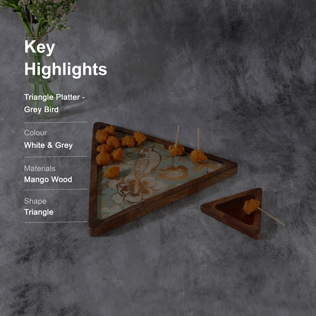 Wooden Grey bird print & Enameled Triangle Shape Platter
