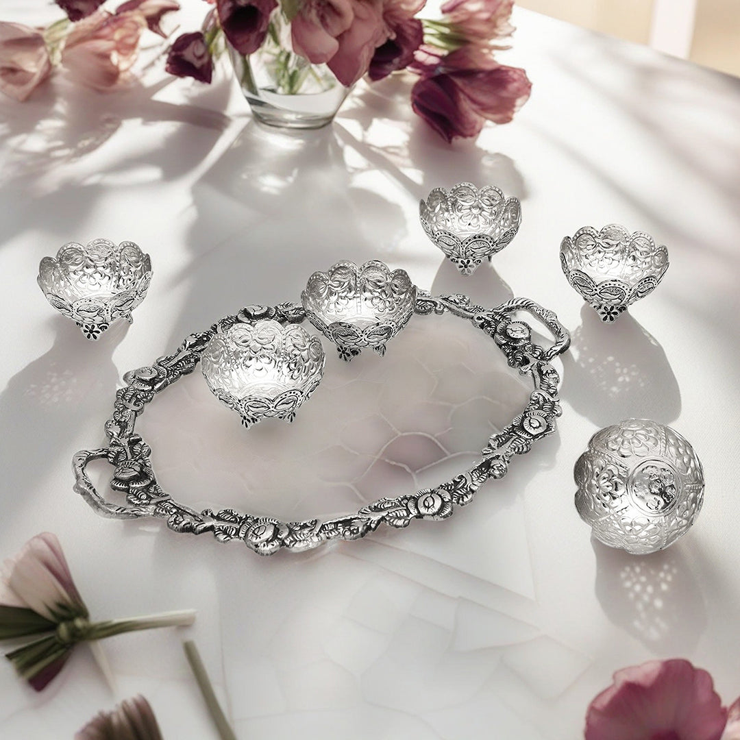 Large German Silver Oval Tray With 6 German Silver Nut Bowls Set