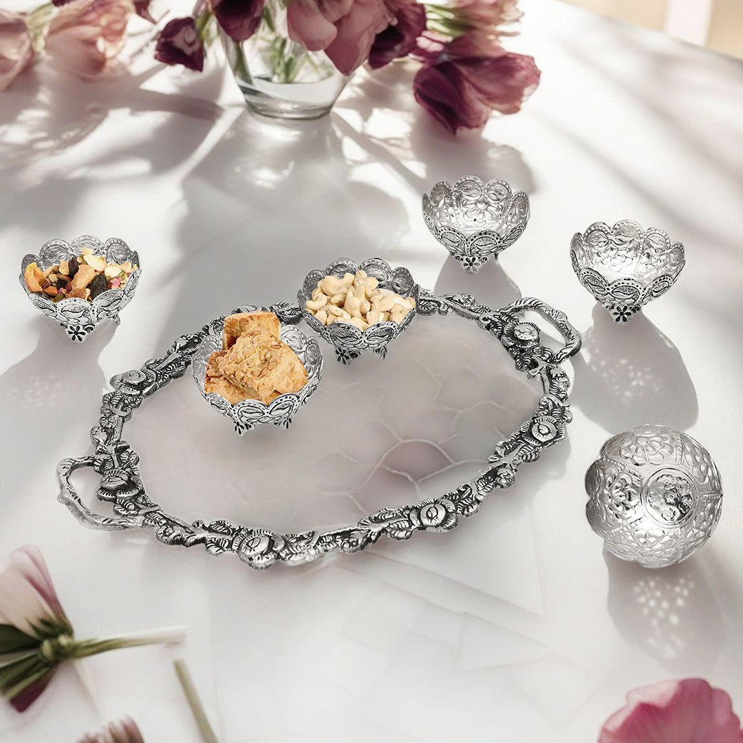 Large German Silver Oval Tray With 6 German Silver Nut Bowls Set