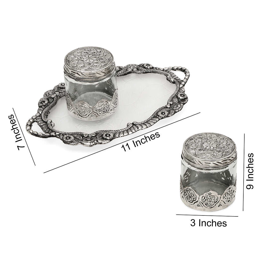 Small German Silver Oval Tray With 2 German Silver & Glass Round Shape Jars