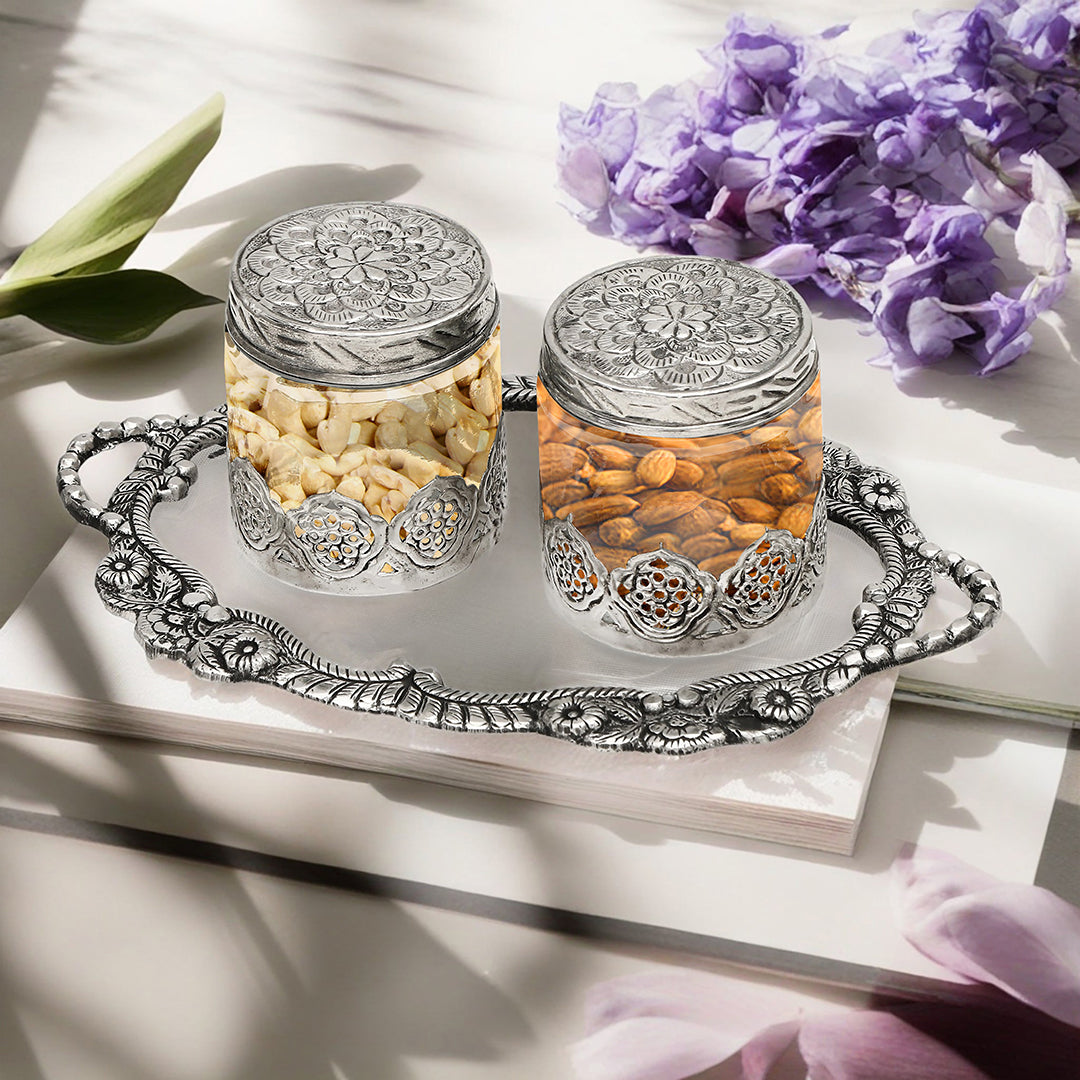 Small German Silver Oval Tray With 2 German Silver & Glass Round Shape Jars