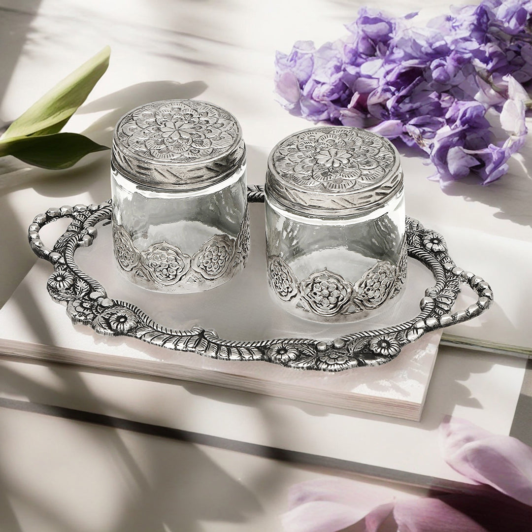Small German Silver Oval Tray With 2 German Silver & Glass Round Shape Jars