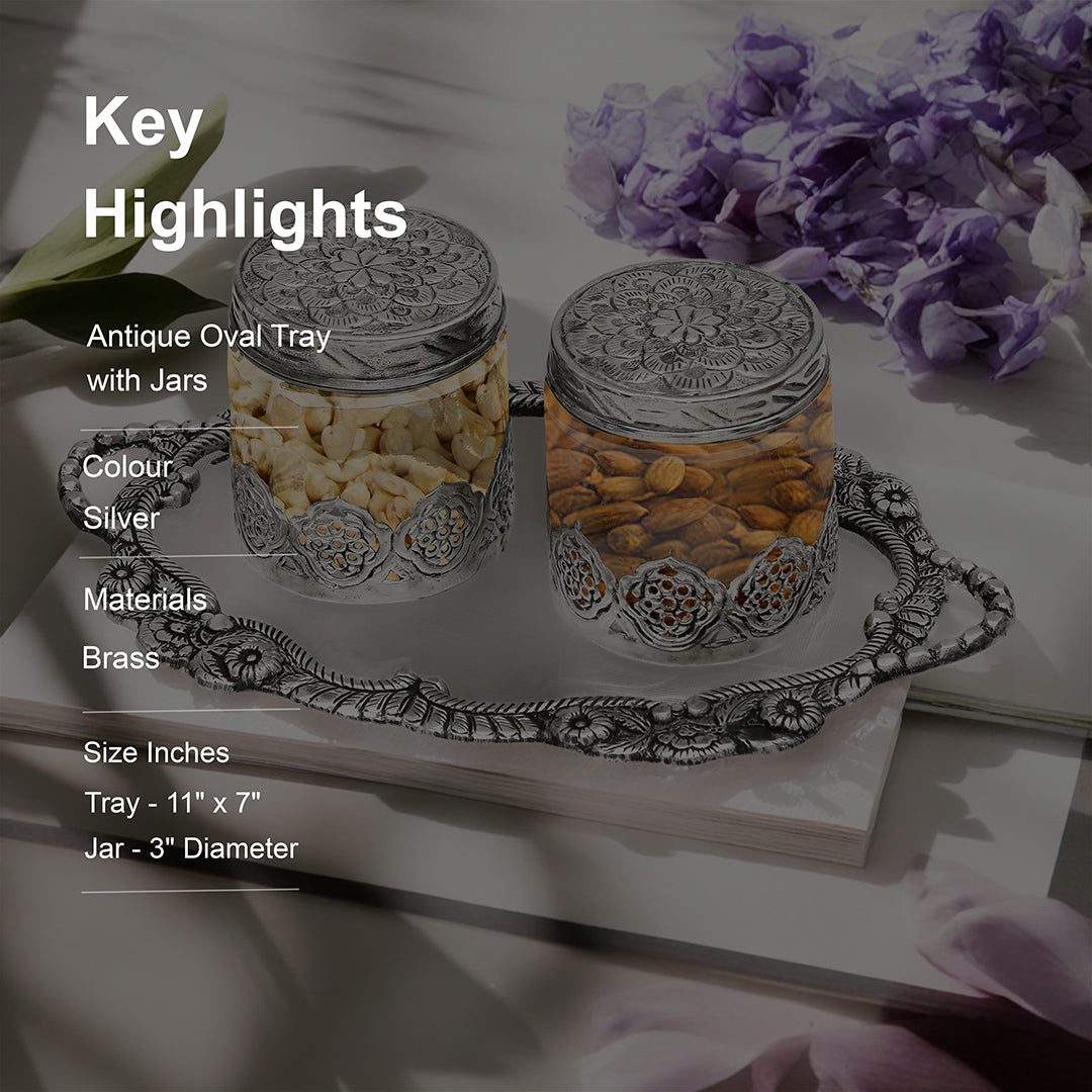 Small German Silver Oval Tray With 2 German Silver & Glass Round Shape Jars