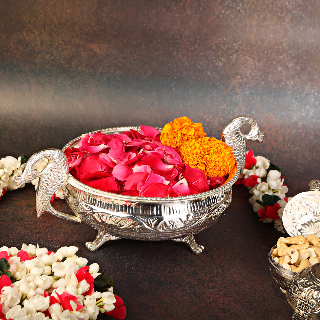 Brass Silver Plated Peacock Urli - 8"