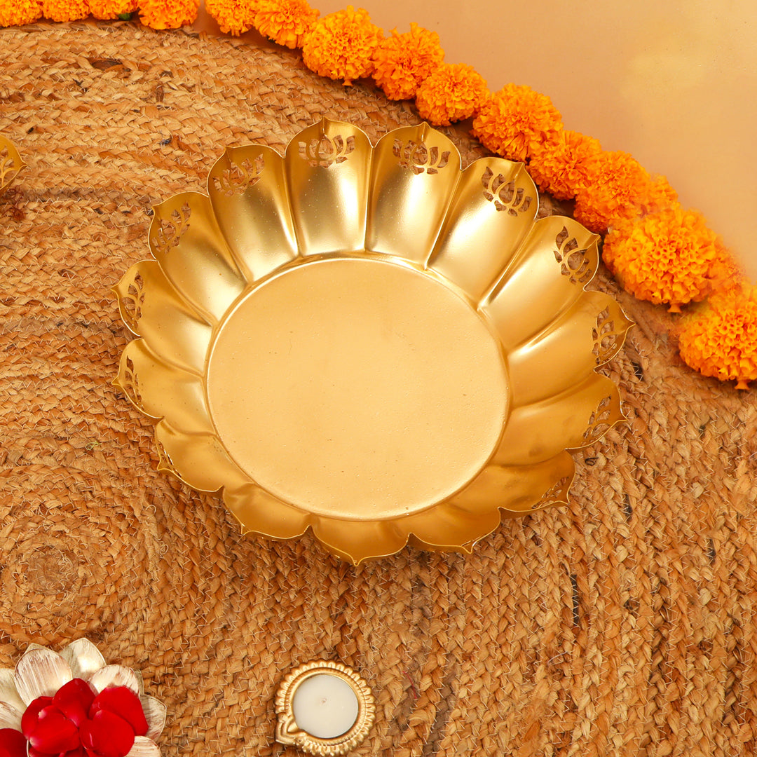 Metal Gold Lotus Cut Urli - Large 12"