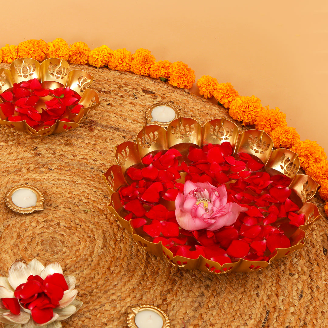 Metal Gold Lotus Cut Urli - Large 12"