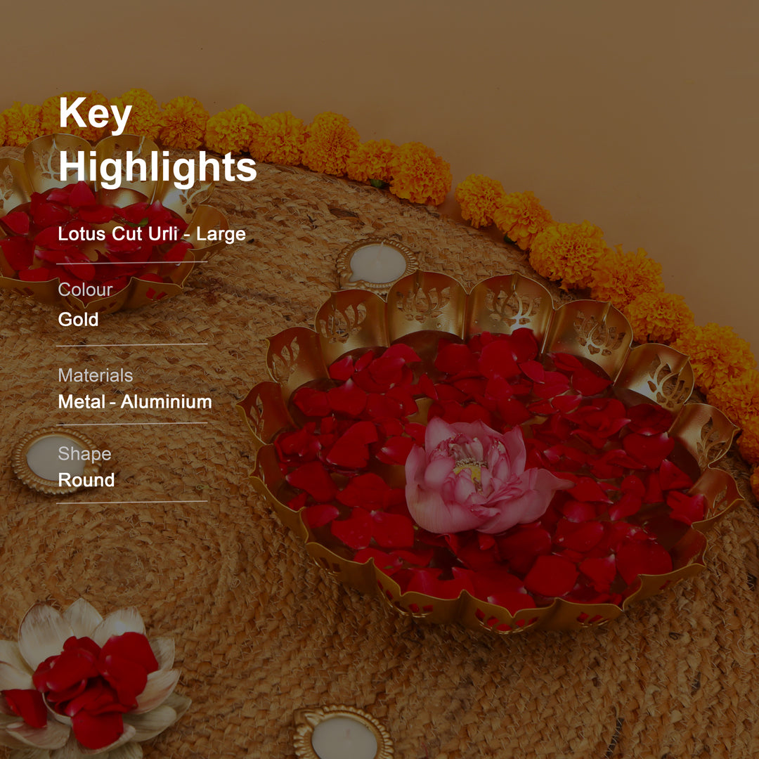 Metal Gold Lotus Cut Urli - Large 12"