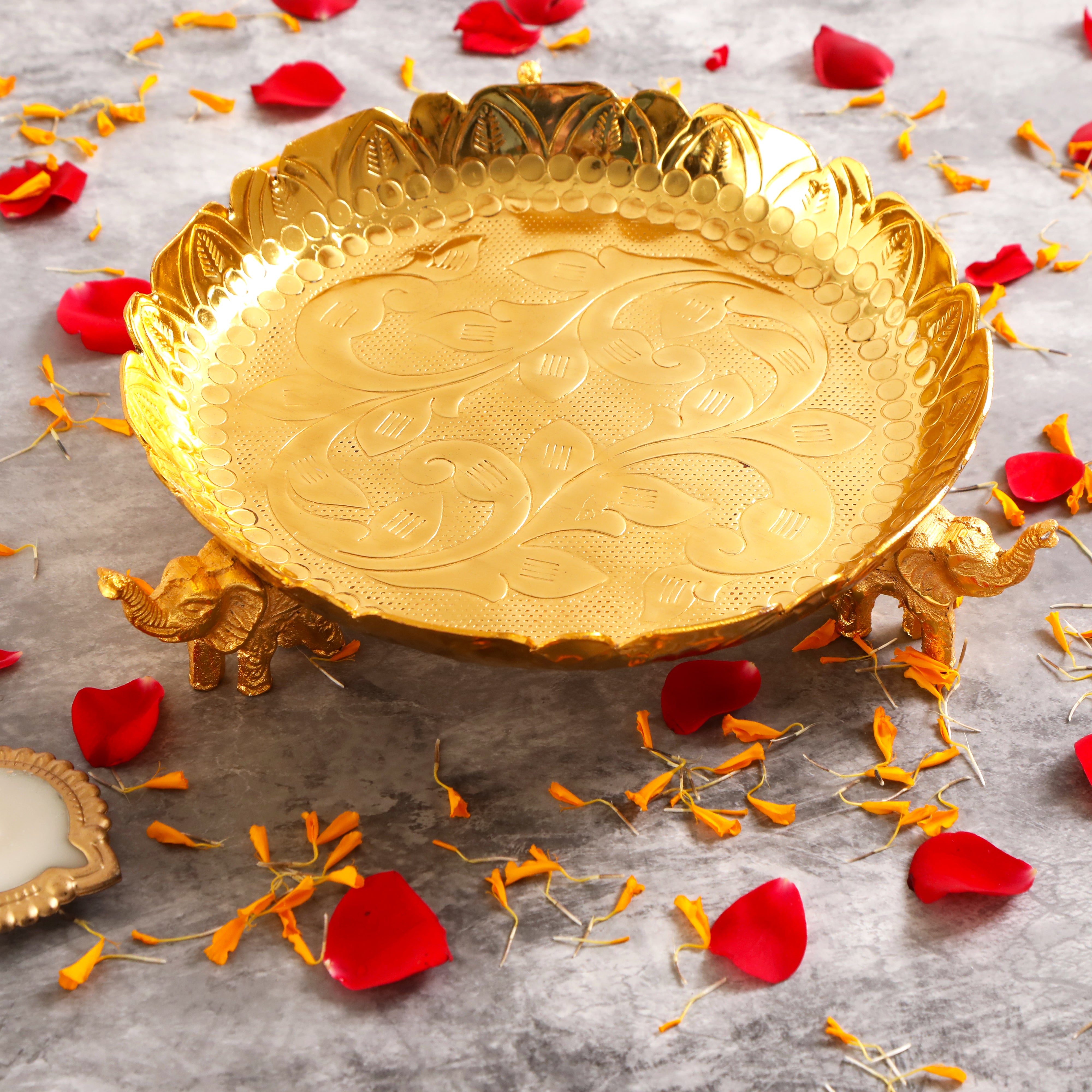 Gold Plated Aluminium Thal Platter With Elephant Legs - Medium