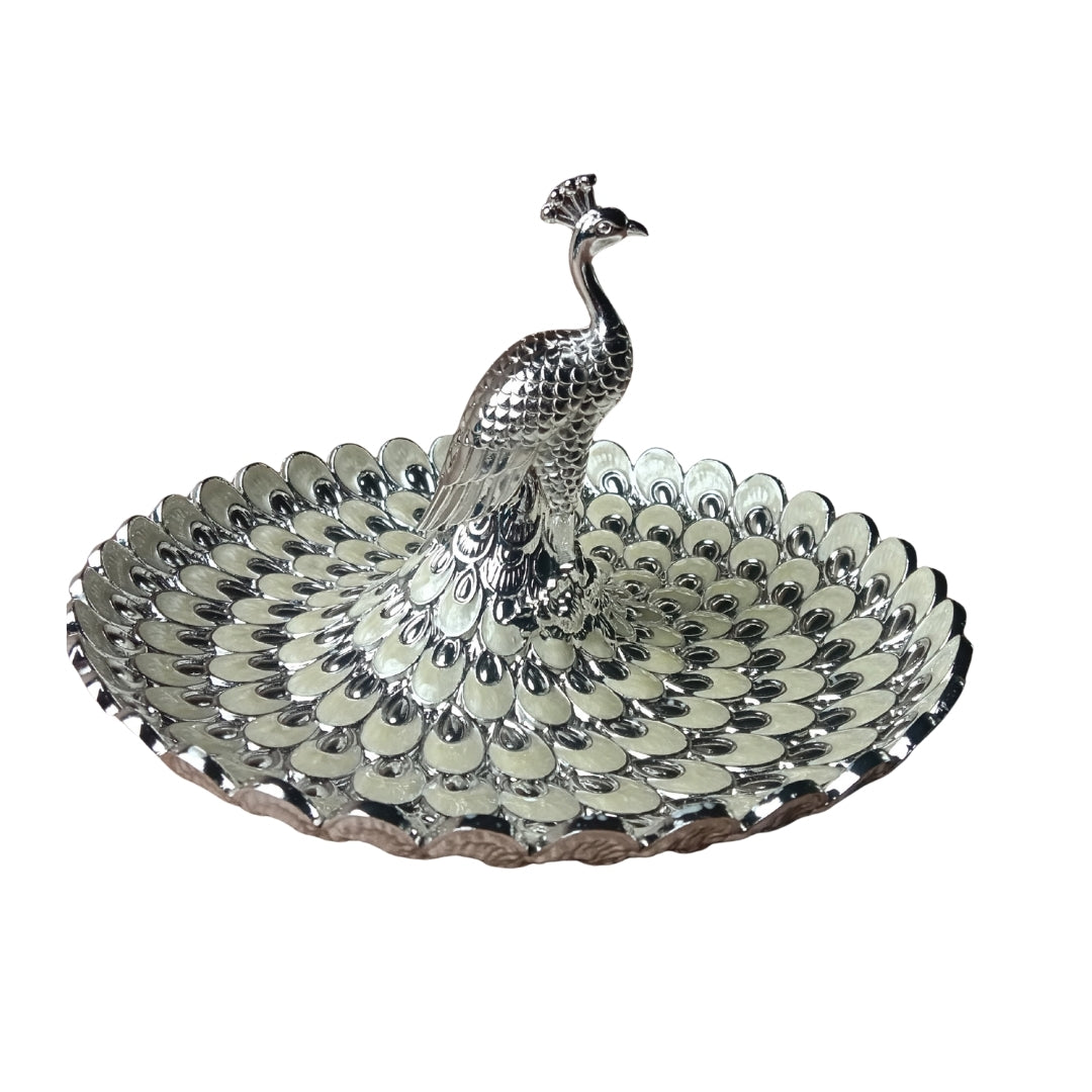 Decorative Silver Peacock Design Round Serving Tray