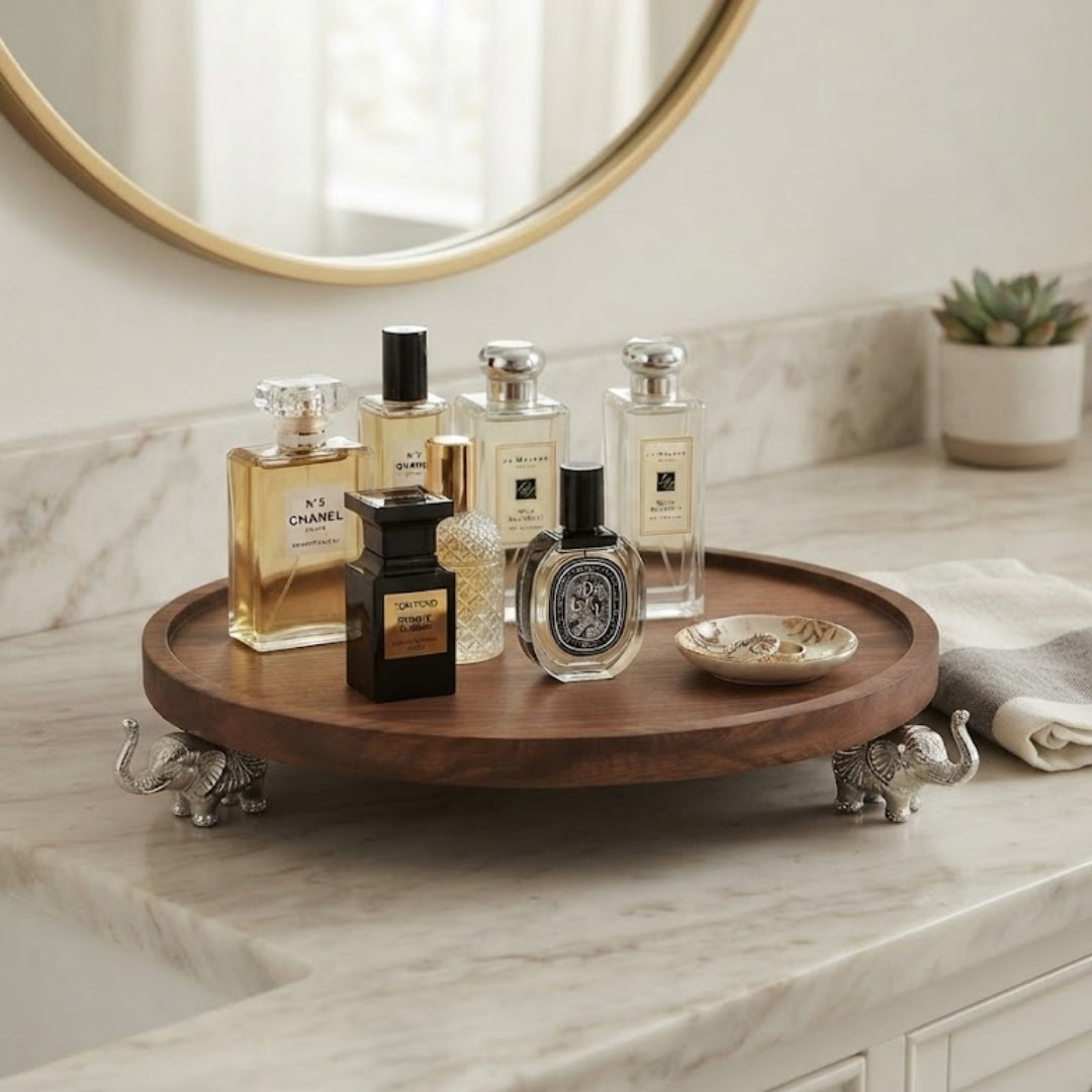 Wooden Round Serving Tray with Silver Elephant Feet