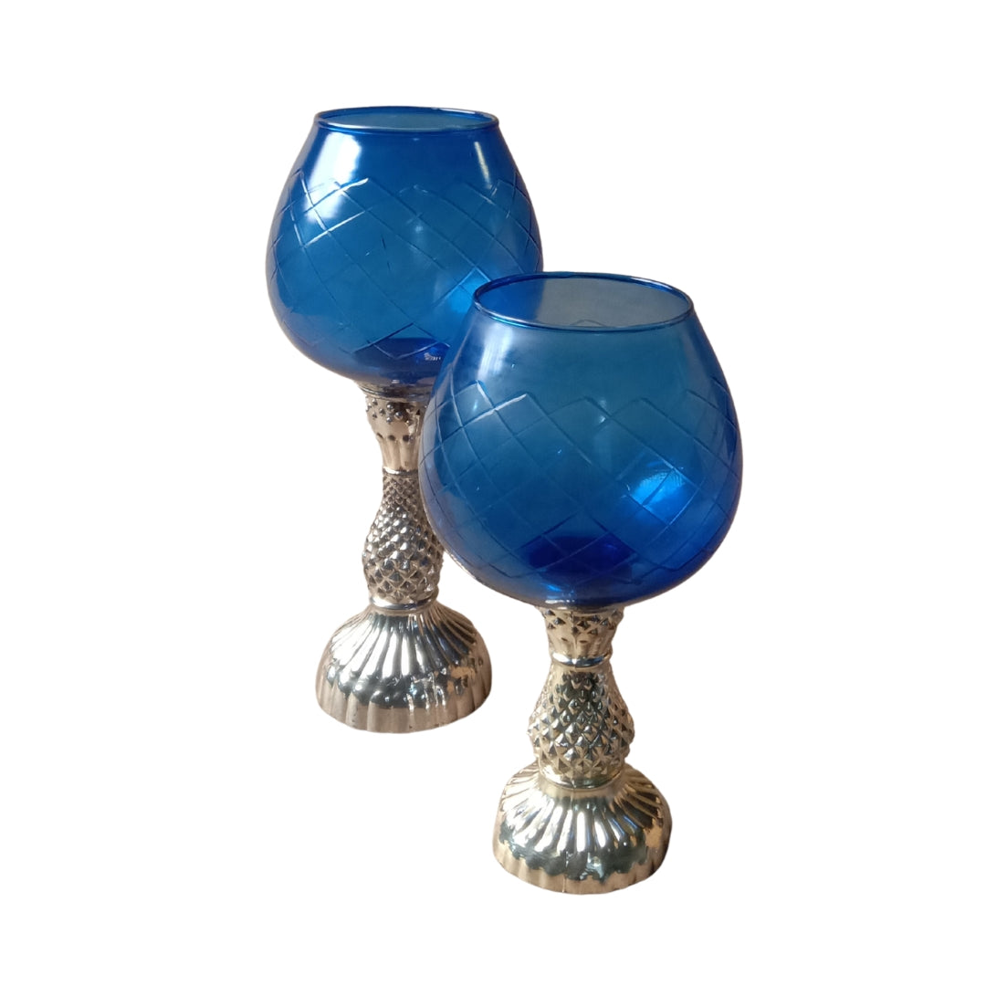 Blue Glass Chalice Candle Holders - Elegant Set of 2 (Large & Small)