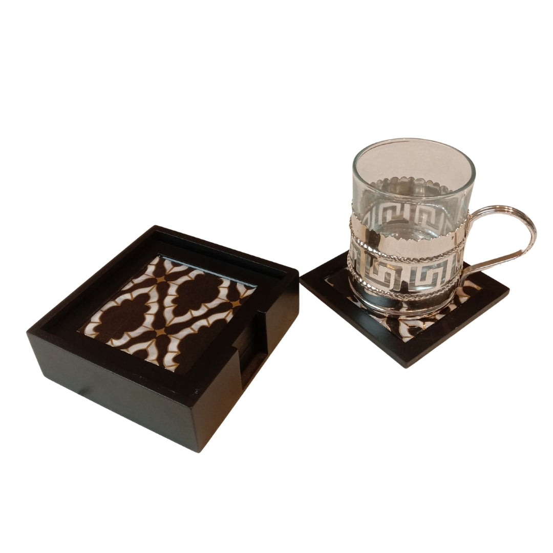 Table Coaster - black mosaic print & enamel with deco set of 6