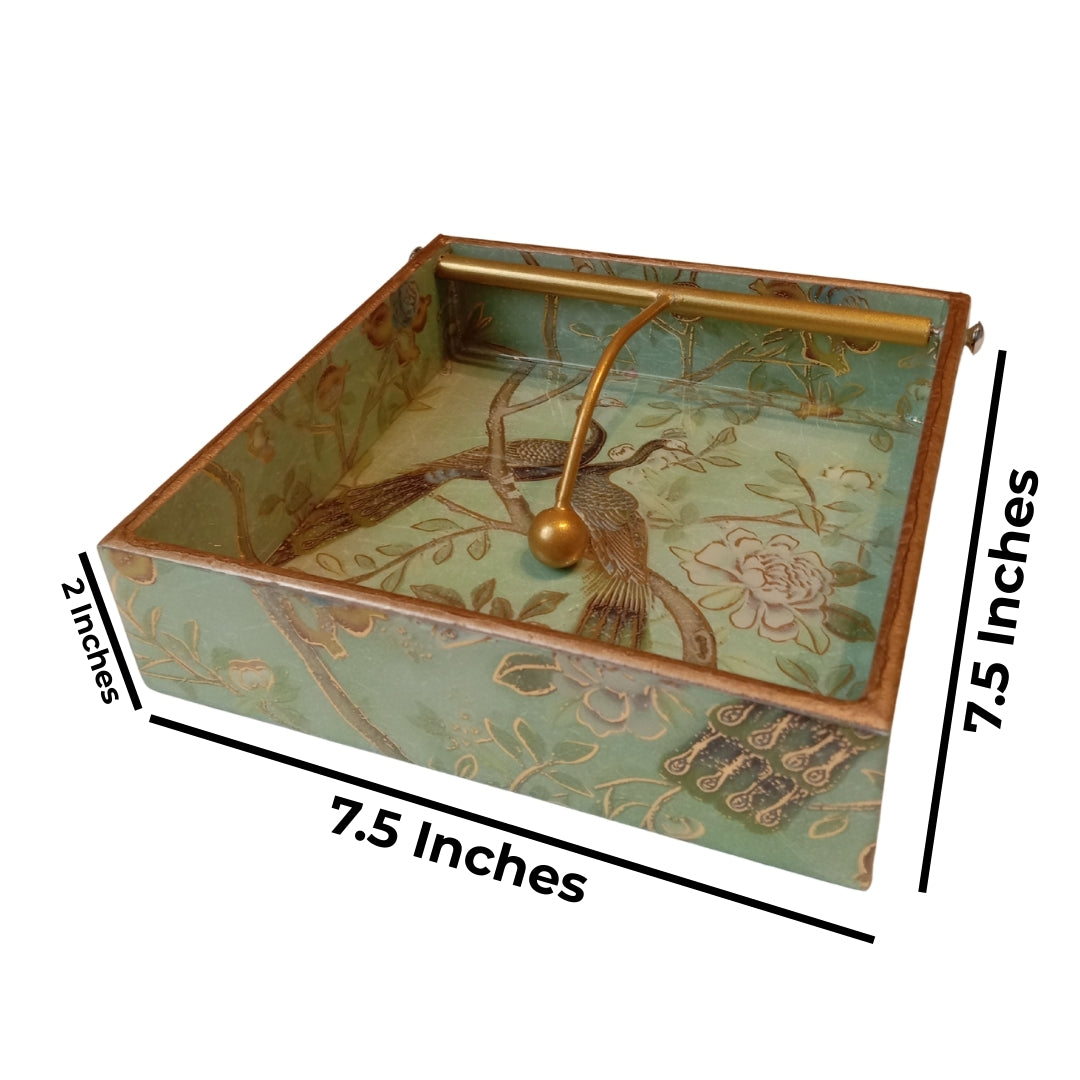 Square tissueholder - Wooden green peacock & bird Design Print & Enamel