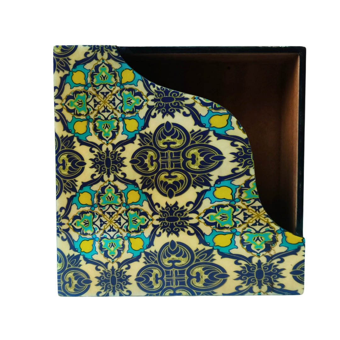 Square tissueholder - Wooden Blue Abstract Print & Enamel
